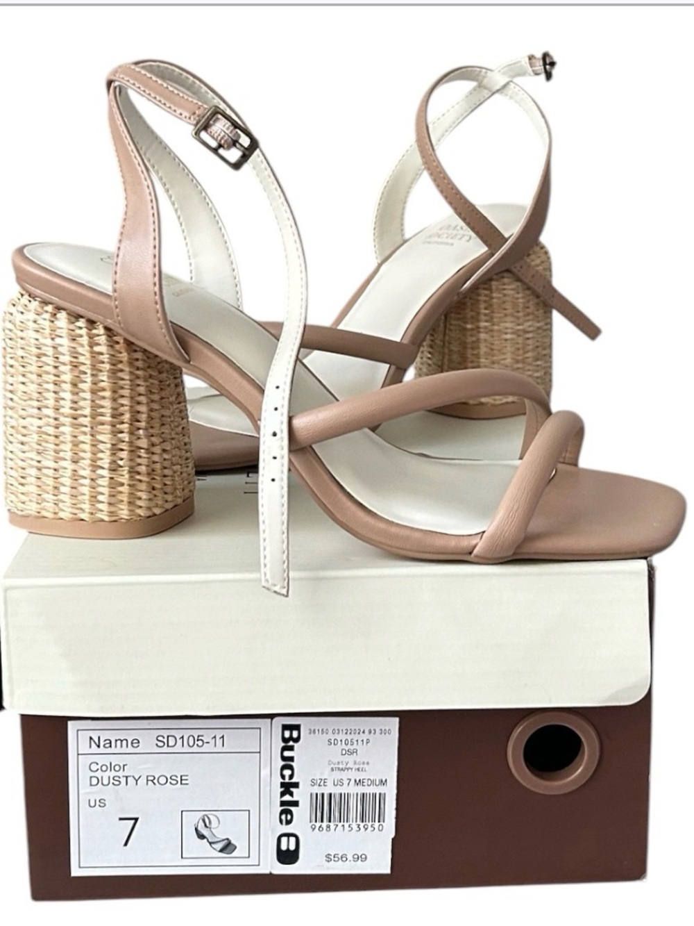 Buckle Dusty Rose Woven Block Heel Sandals with Cream Ankle Strap